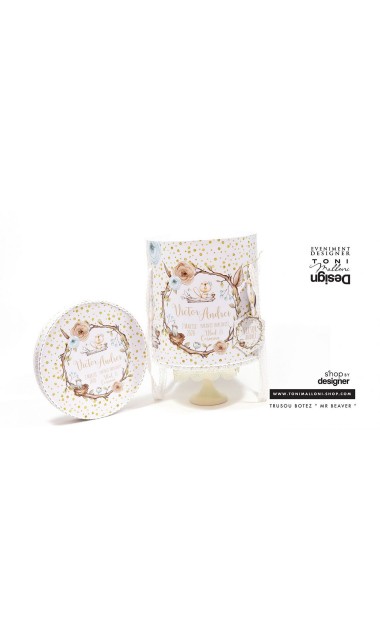 Trusou de botez cu castori, buline gold si ramuri de brad personalizat pentru baieti 15
